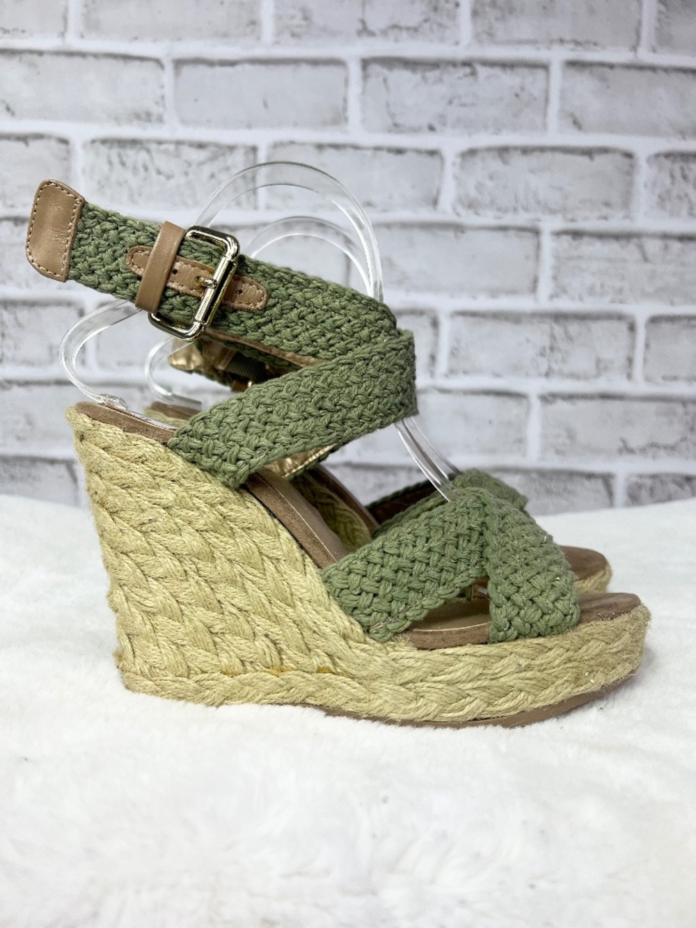 NWT🤩 |•NINE WEST•| Olive Green Crochet Espadrille Wedge Sandals Women’s Size 7 - Picture 2 of 14